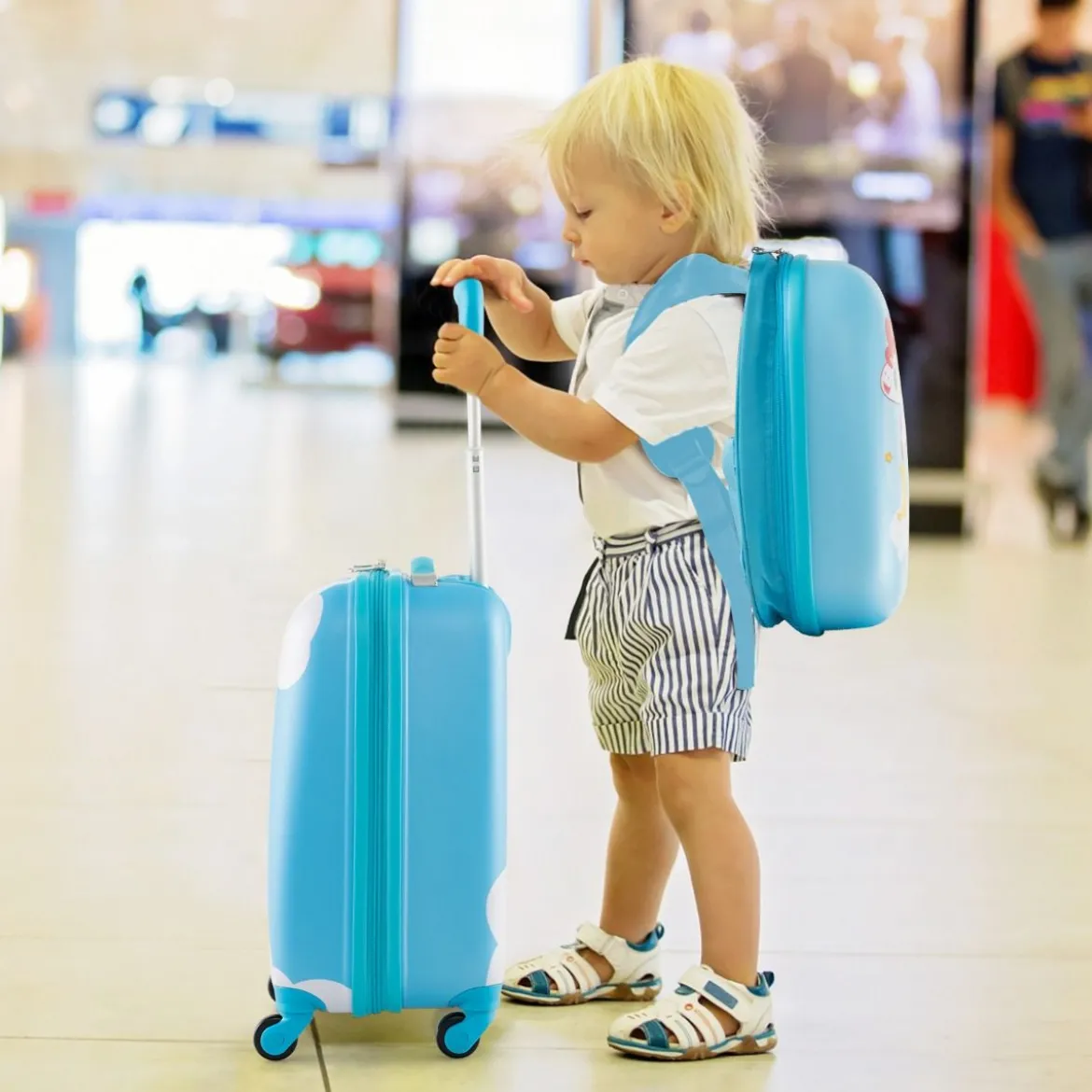 2tlg Kinderkoffer + Rucksack aus Kunststoff Kindertrolley Kindergepäck 12"+16" Blau Pferd