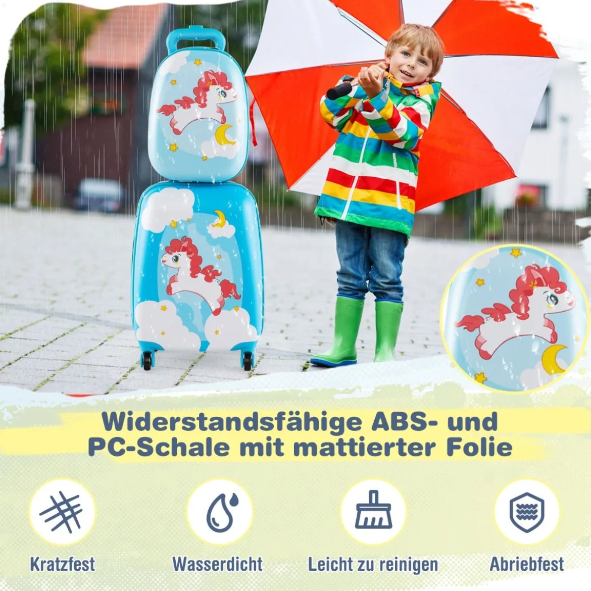 2tlg Kinderkoffer + Rucksack aus Kunststoff Kindertrolley Kindergepäck 12"+16" Blau Pferd