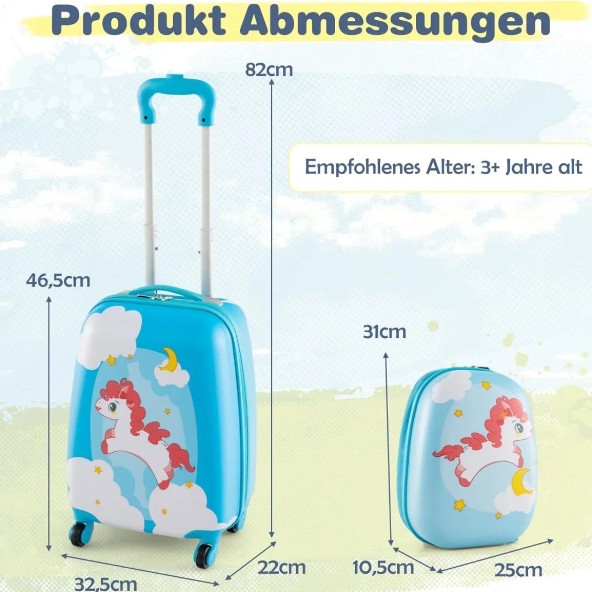 2tlg Kinderkoffer + Rucksack aus Kunststoff Kindertrolley Kindergepäck 12"+16" Blau Pferd