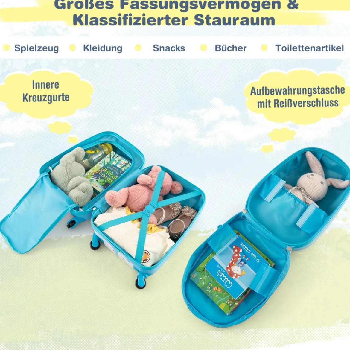 2tlg Kinderkoffer + Rucksack aus Kunststoff Kindertrolley Kindergepäck 12"+16" Blau Einhorn