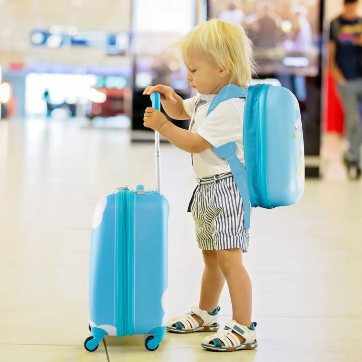 2tlg Kinderkoffer + Rucksack aus Kunststoff Kindertrolley Kindergepäck 12"+16" Blau Einhorn