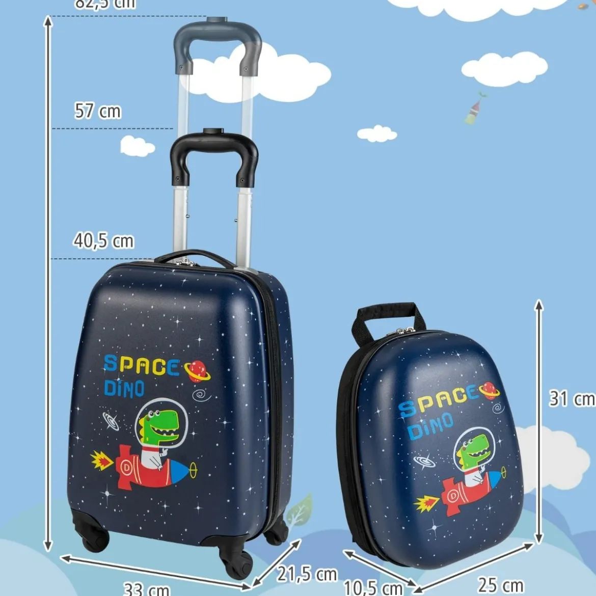 2 tlg Kinderkoffer + Rucksack Kindertrolley aus Kunststoff Kinder Kofferset Weltraum-Dinosaurier