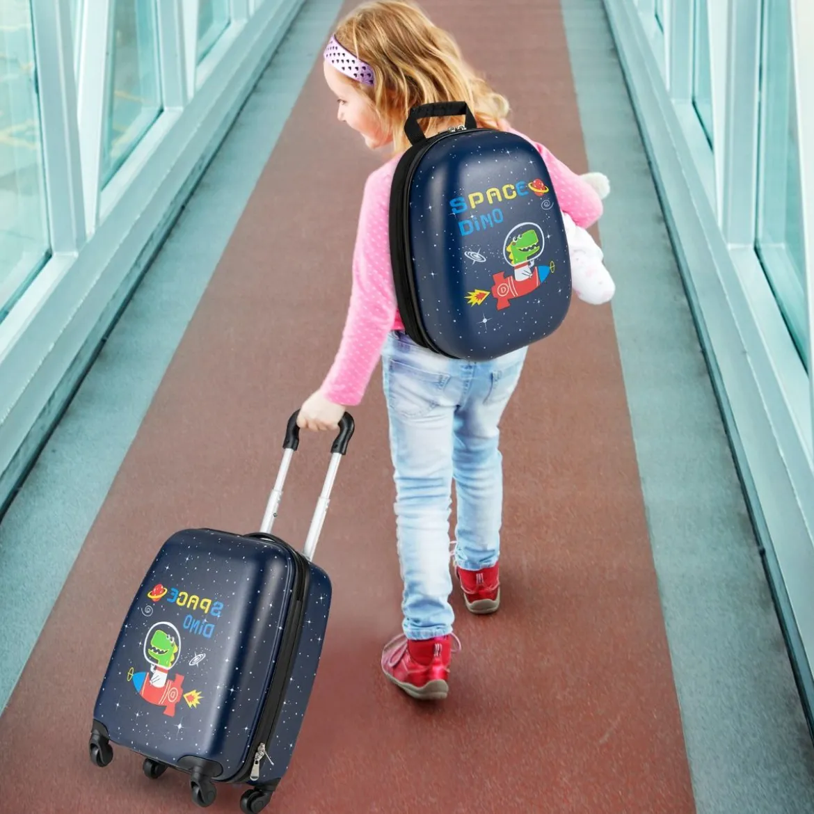 2 tlg Kinderkoffer + Rucksack Kindertrolley aus Kunststoff Kinder Kofferset Weltraum-Dinosaurier