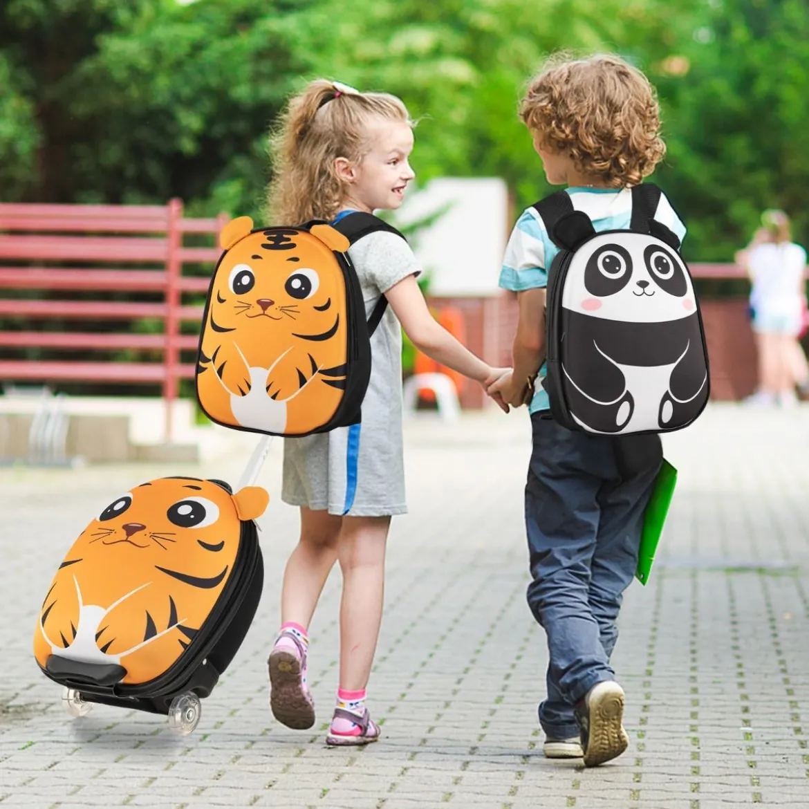 2 TLG Kinderkoffer & Rucksack mit Rollen & 3 stufigem Teleskopgriff 12”+16” Kindertrolley Tiger