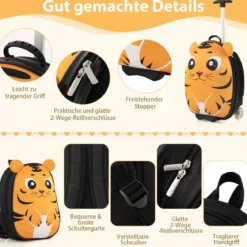 2 TLG Kinderkoffer & Rucksack mit Rollen & 3 stufigem Teleskopgriff 12”+16” Kindertrolley Tiger