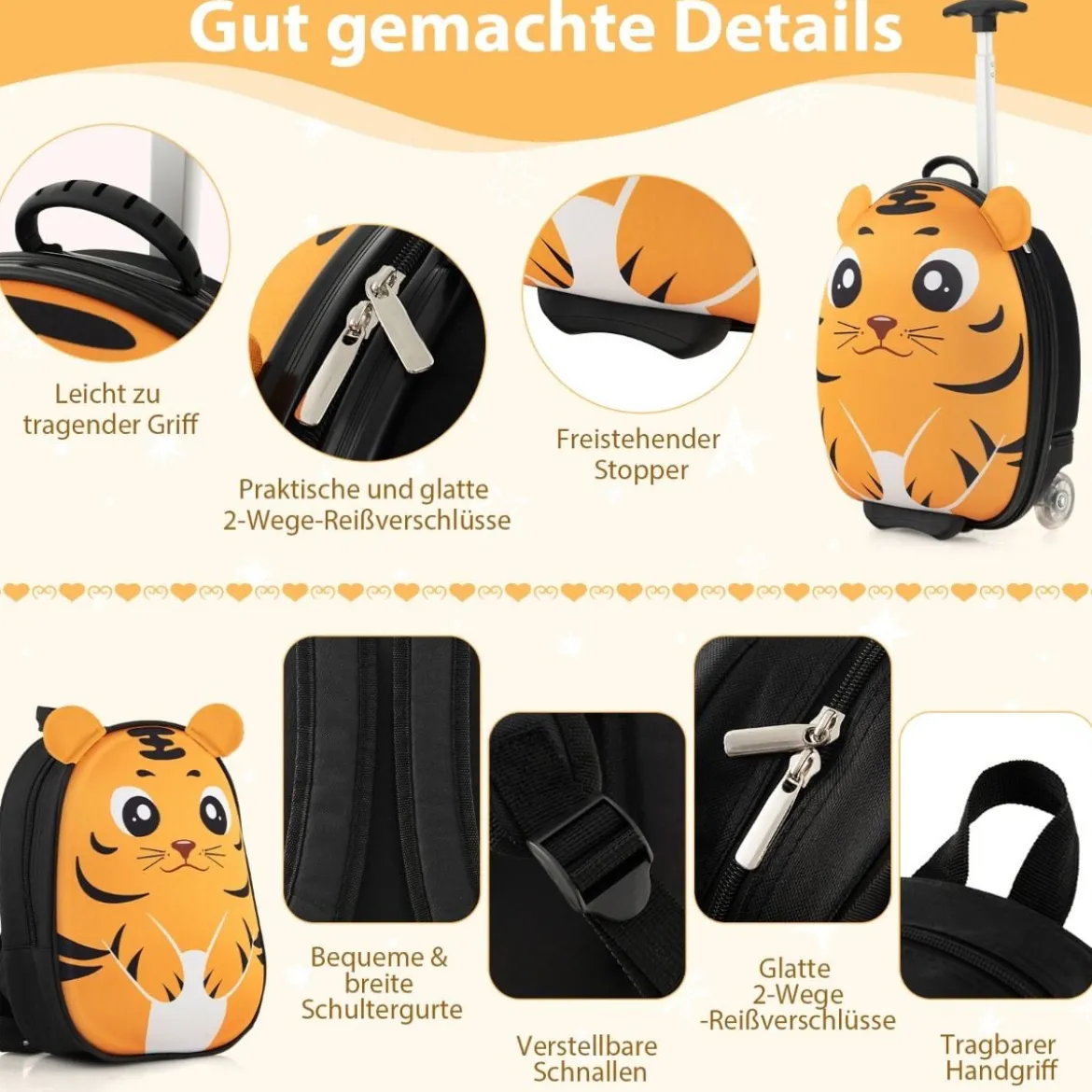 2 TLG Kinderkoffer & Rucksack mit Rollen & 3 stufigem Teleskopgriff 12”+16” Kindertrolley Tiger