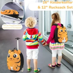 2 TLG Kinderkoffer & Rucksack mit Rollen & 3 stufigem Teleskopgriff 12”+16” Kindertrolley Tiger