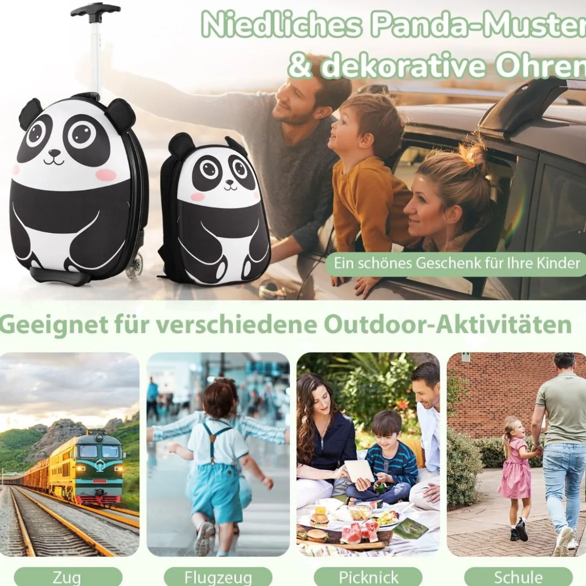 2 TLG Kinderkoffer & Rucksack mit Rollen & 3 stufigem Teleskopgriff 12”+16” Kindertrolley Panda