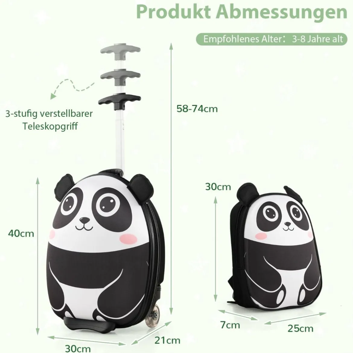 2 TLG Kinderkoffer & Rucksack mit Rollen & 3 stufigem Teleskopgriff 12”+16” Kindertrolley Panda