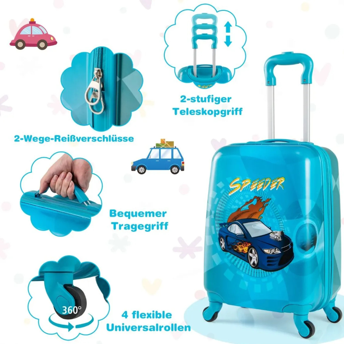 2tlg Kinderkoffer Set Kindergepäck mit Rädern 17" Handgepäck & 13" Hartschalen-Rucksack Blau Auto