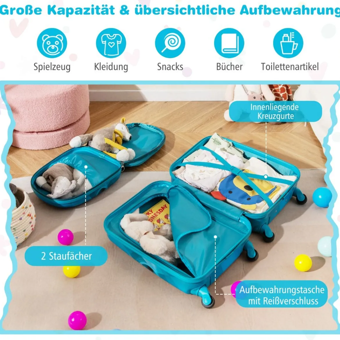 2tlg Kinderkoffer Set Kindergepäck mit Rädern 17" Handgepäck & 13" Hartschalen-Rucksack Blau Auto