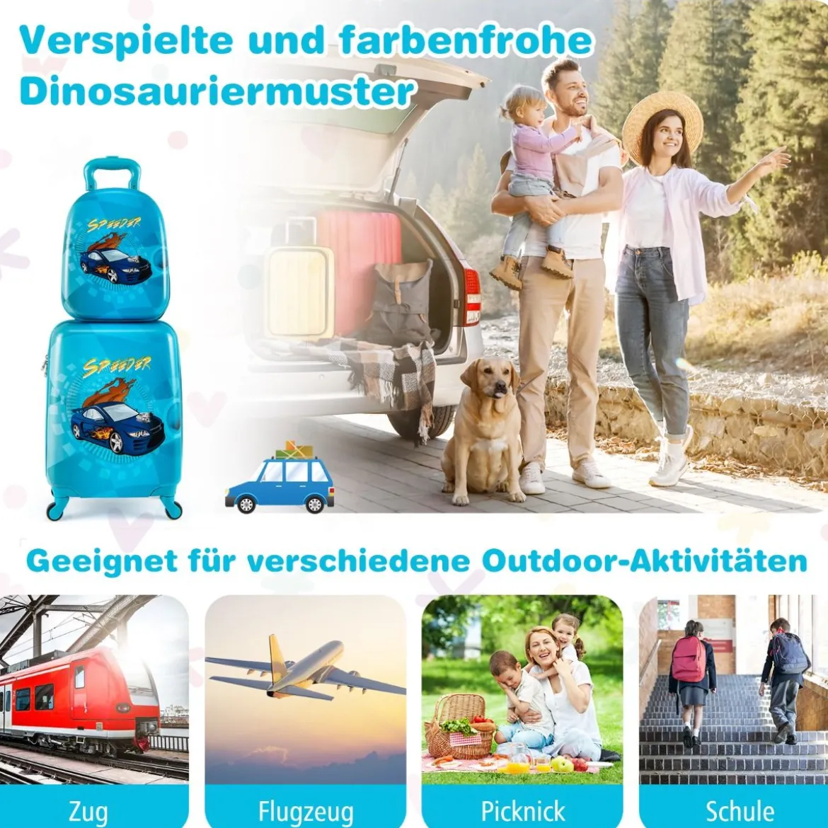 2tlg Kinderkoffer Set Kindergepäck mit Rädern 17" Handgepäck & 13" Hartschalen-Rucksack Blau Auto