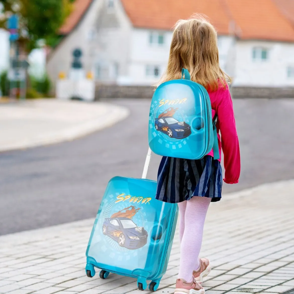 2tlg Kinderkoffer Set Kindergepäck mit Rädern 17" Handgepäck & 13" Hartschalen-Rucksack Blau Auto