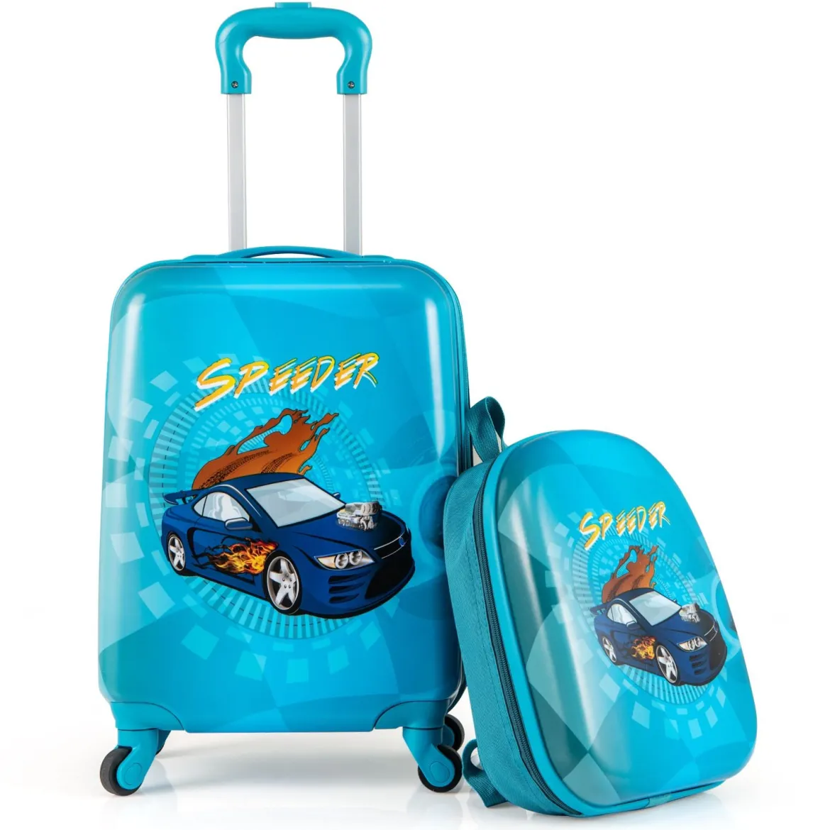 2tlg Kinderkoffer Set Kindergepäck mit Rädern 17" Handgepäck & 13" Hartschalen-Rucksack Blau Auto