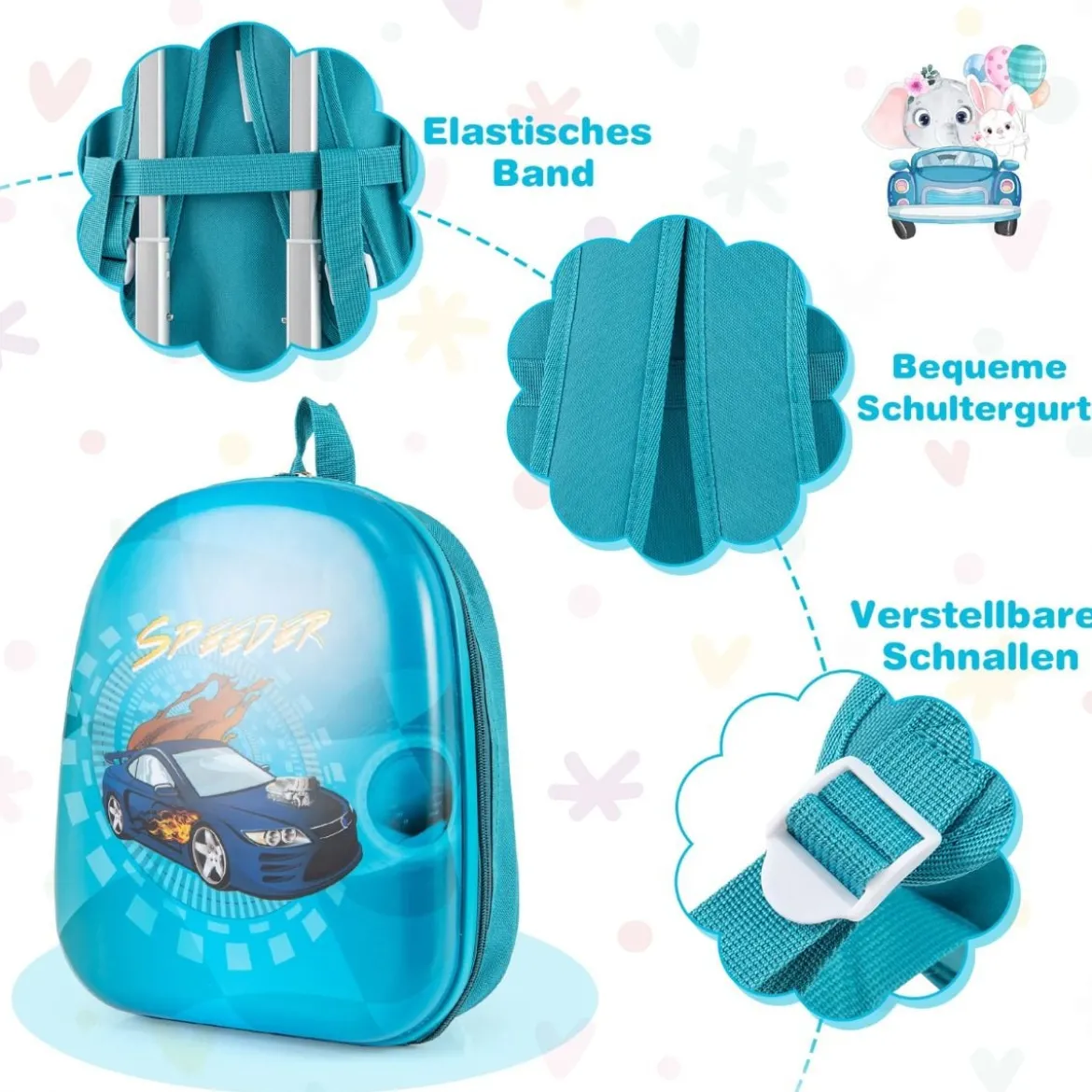 2tlg Kinderkoffer Set Kindergepäck mit Rädern 17" Handgepäck & 13" Hartschalen-Rucksack Blau Auto