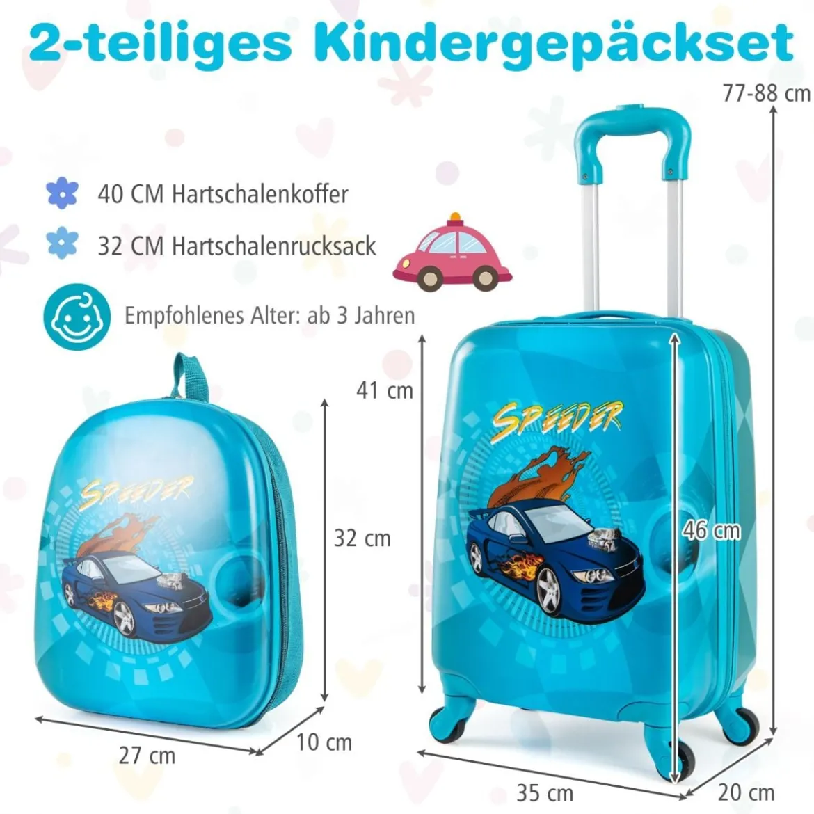 2tlg Kinderkoffer Set Kindergepäck mit Rädern 17" Handgepäck & 13" Hartschalen-Rucksack Blau Auto