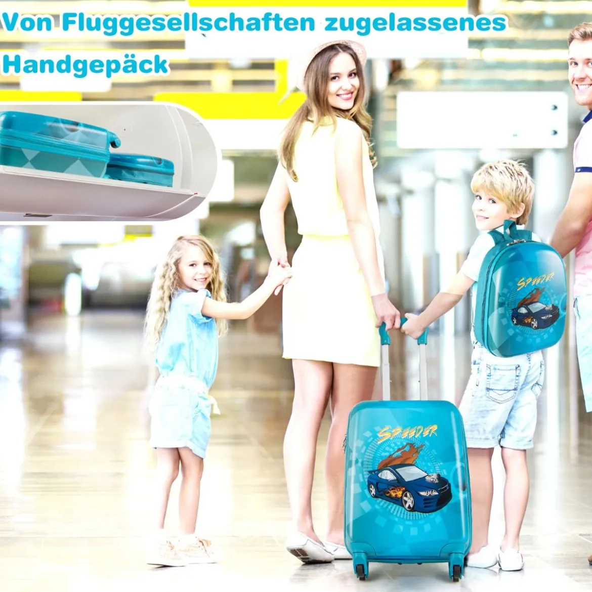2tlg Kinderkoffer Set Kindergepäck mit Rädern 17" Handgepäck & 13" Hartschalen-Rucksack Blau Auto