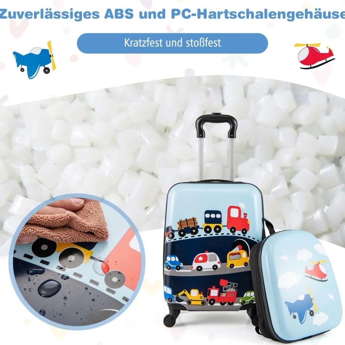 2tlg Kinderkoffer Set Kindergepäck mit Rädern 17" Handgepäck & 13" Hartschalen-Rucksack Blau Verkehrsmittel