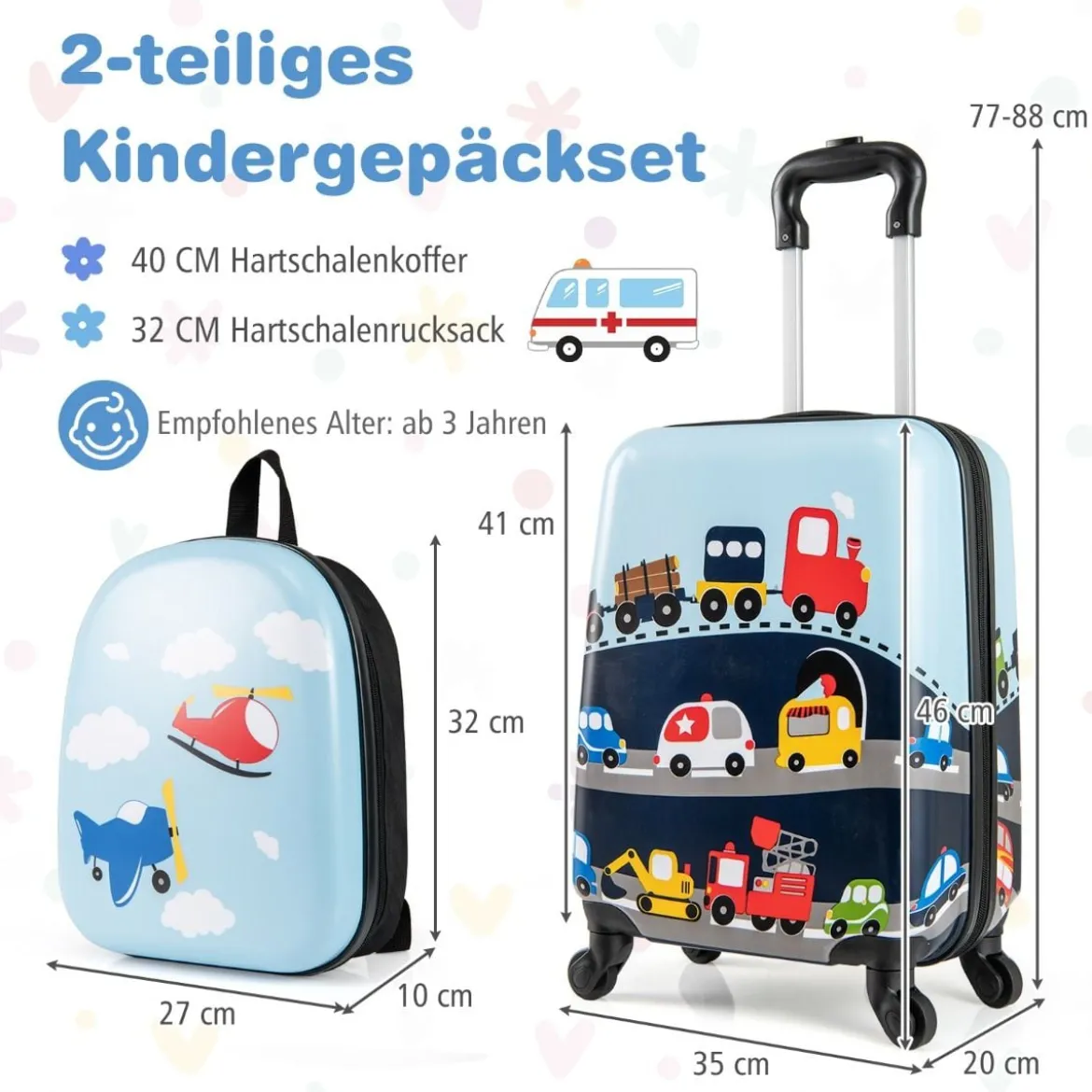 2tlg Kinderkoffer Set Kindergepäck mit Rädern 17" Handgepäck & 13" Hartschalen-Rucksack Blau Verkehrsmittel