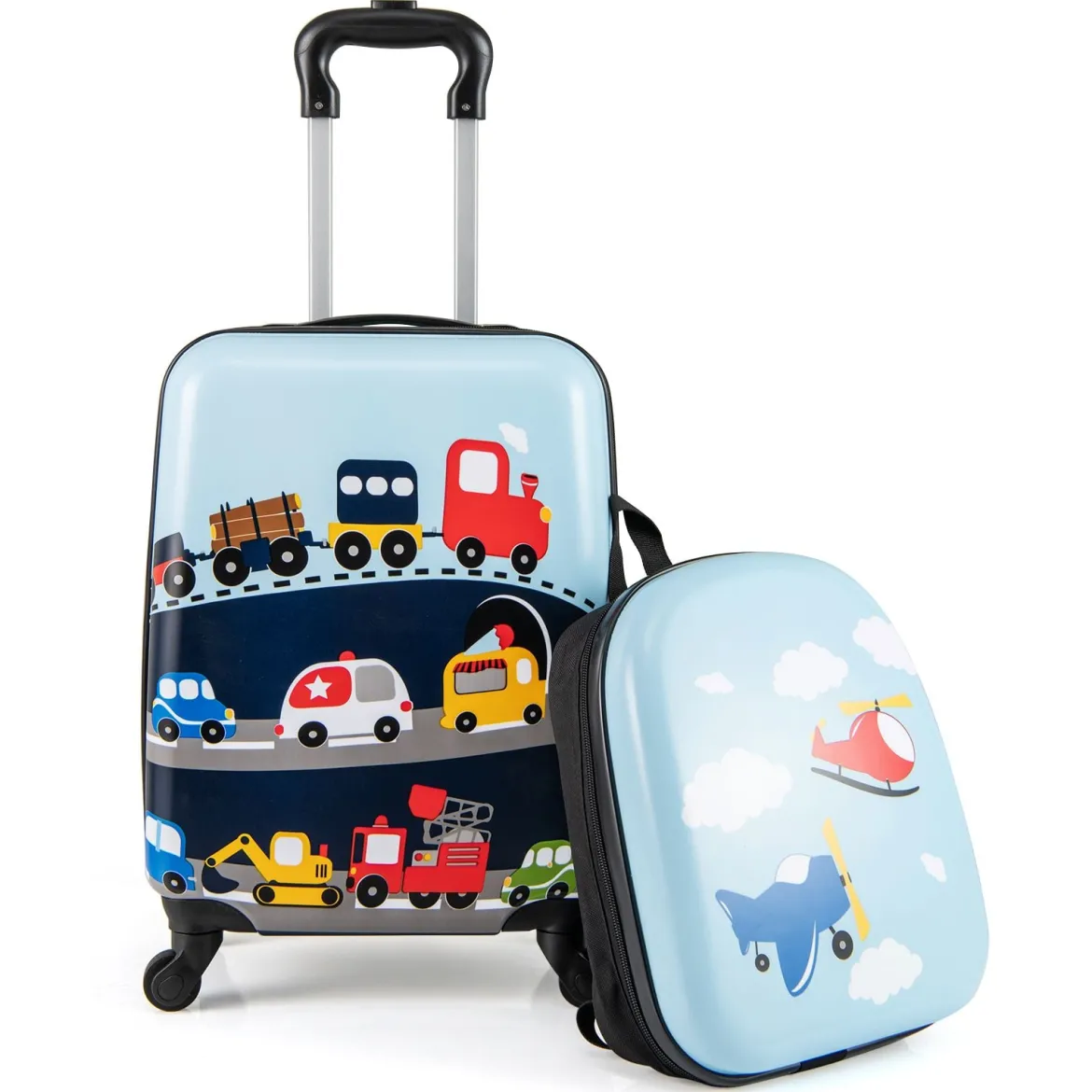 2tlg Kinderkoffer Set Kindergepäck mit Rädern 17" Handgepäck & 13" Hartschalen-Rucksack Blau Verkehrsmittel