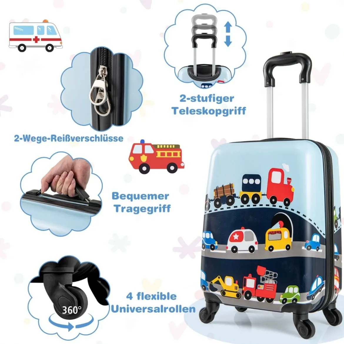 2tlg Kinderkoffer Set Kindergepäck mit Rädern 17" Handgepäck & 13" Hartschalen-Rucksack Blau Verkehrsmittel