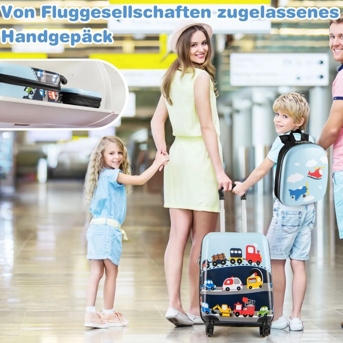 2tlg Kinderkoffer Set Kindergepäck mit Rädern 17" Handgepäck & 13" Hartschalen-Rucksack Blau Verkehrsmittel
