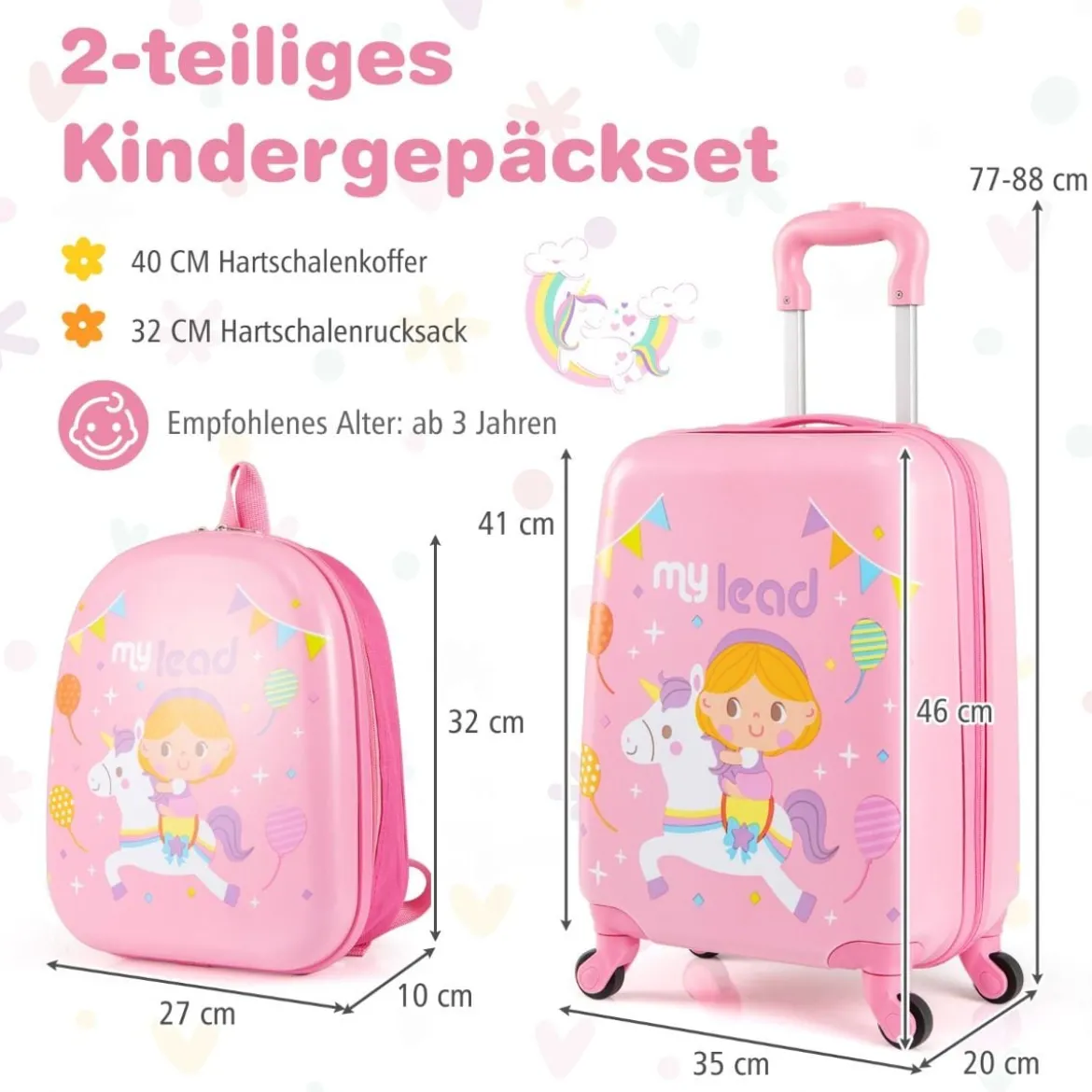 2tlg Kinderkoffer Set Kindergepäck mit Rädern 17" Handgepäck & 13" Hartschalen-Rucksack Rosa Einhörner
