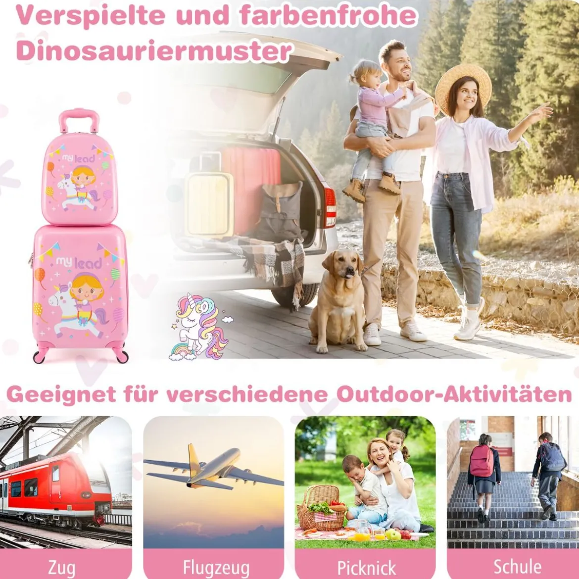 2tlg Kinderkoffer Set Kindergepäck mit Rädern 17" Handgepäck & 13" Hartschalen-Rucksack Rosa Einhörner