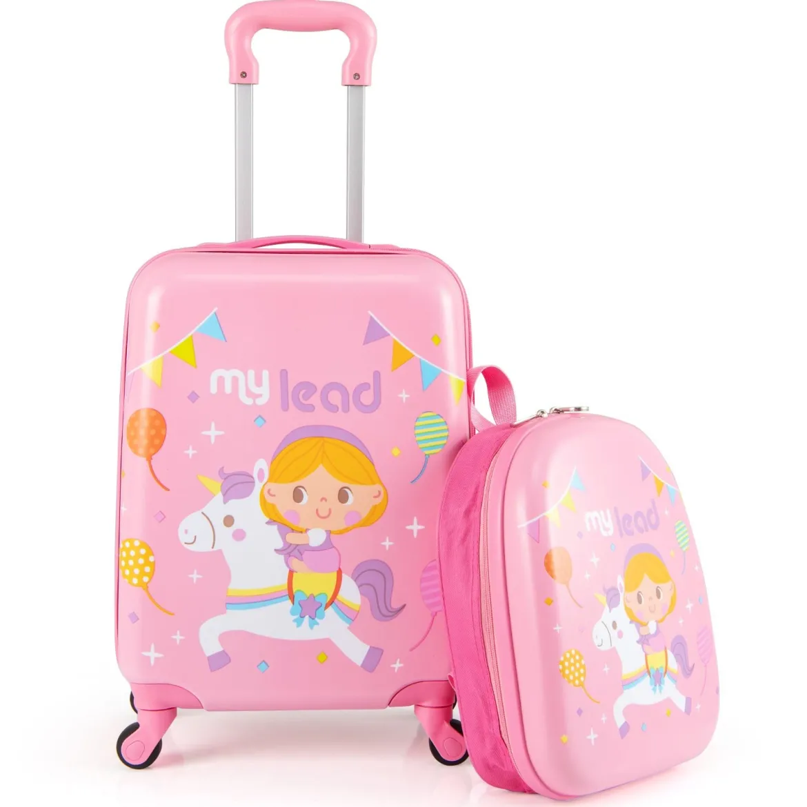 2tlg Kinderkoffer Set Kindergepäck mit Rädern 17" Handgepäck & 13" Hartschalen-Rucksack Rosa Einhörner