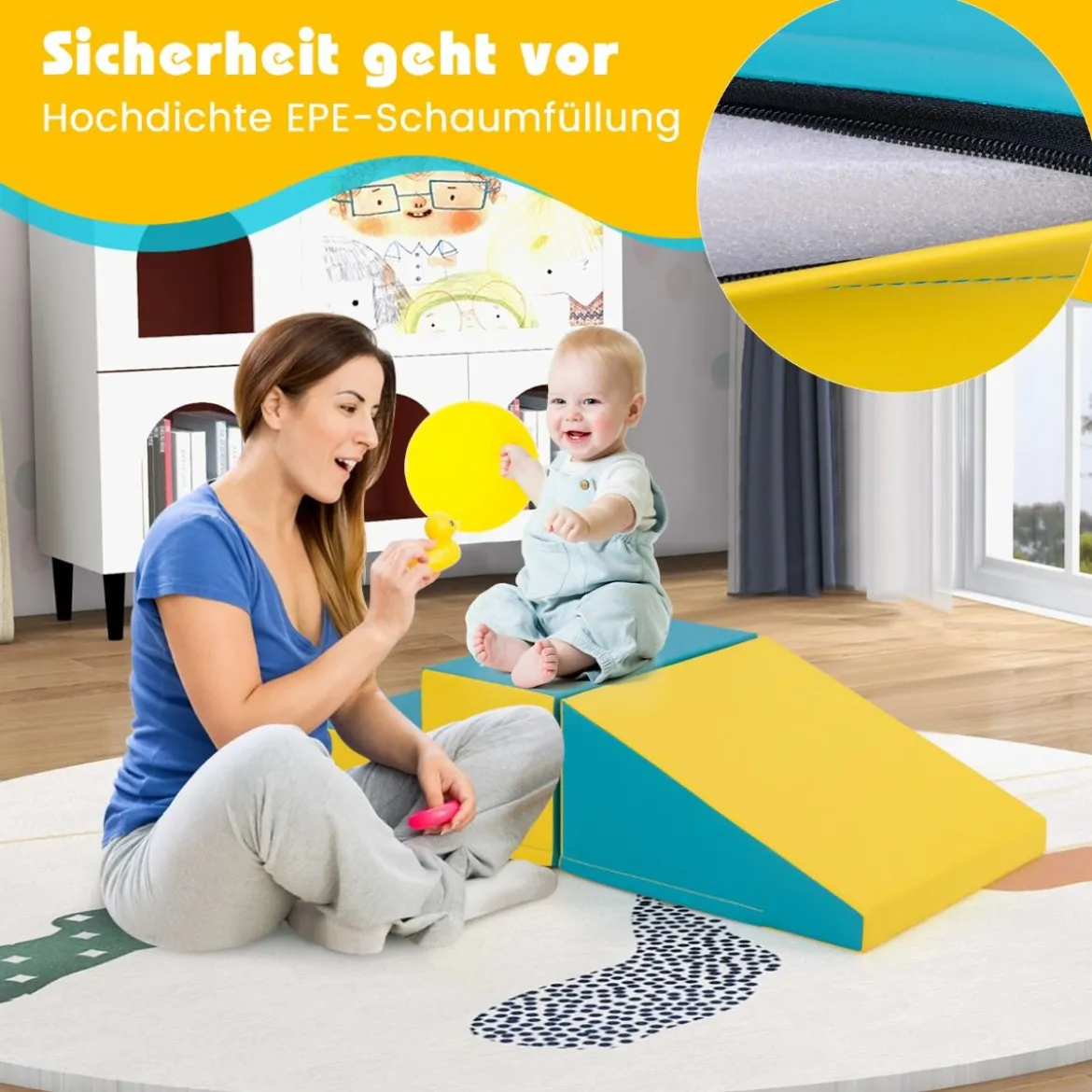 2 TLG. Kinder Schaumstoff Bausteine zum Toben und Klettern Softbausteine Gelb + Grün mit Klettverschlüsse