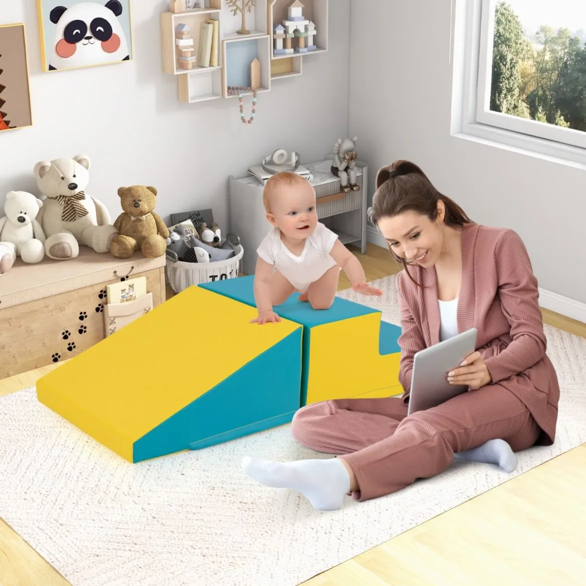 2 TLG. Kinder Schaumstoff Bausteine zum Toben und Klettern Softbausteine Gelb + Grün mit Klettverschlüsse