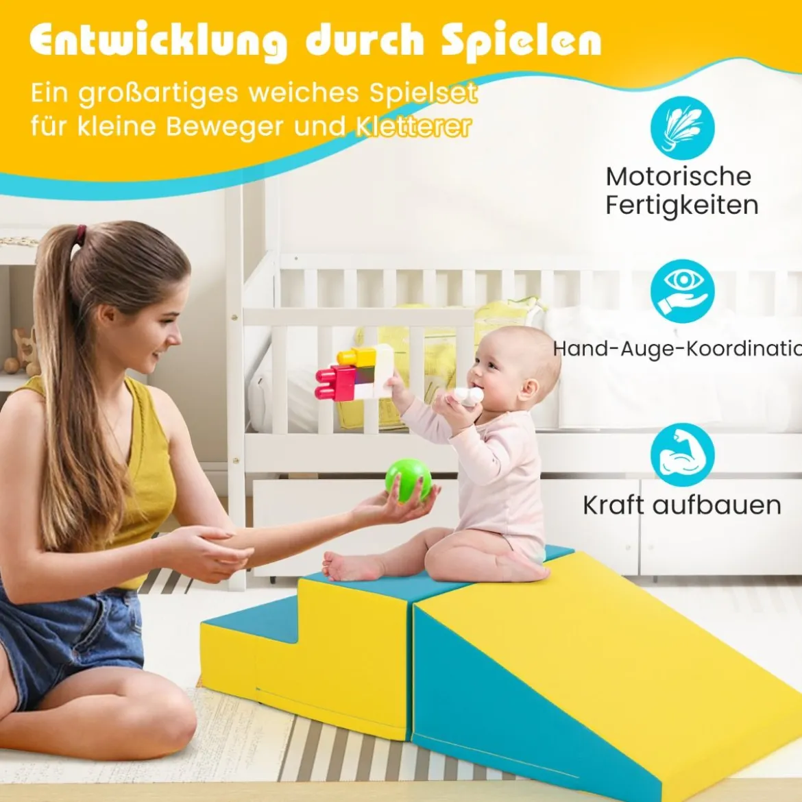 2 TLG. Kinder Schaumstoff Bausteine zum Toben und Klettern Softbausteine Gelb + Grün mit Klettverschlüsse