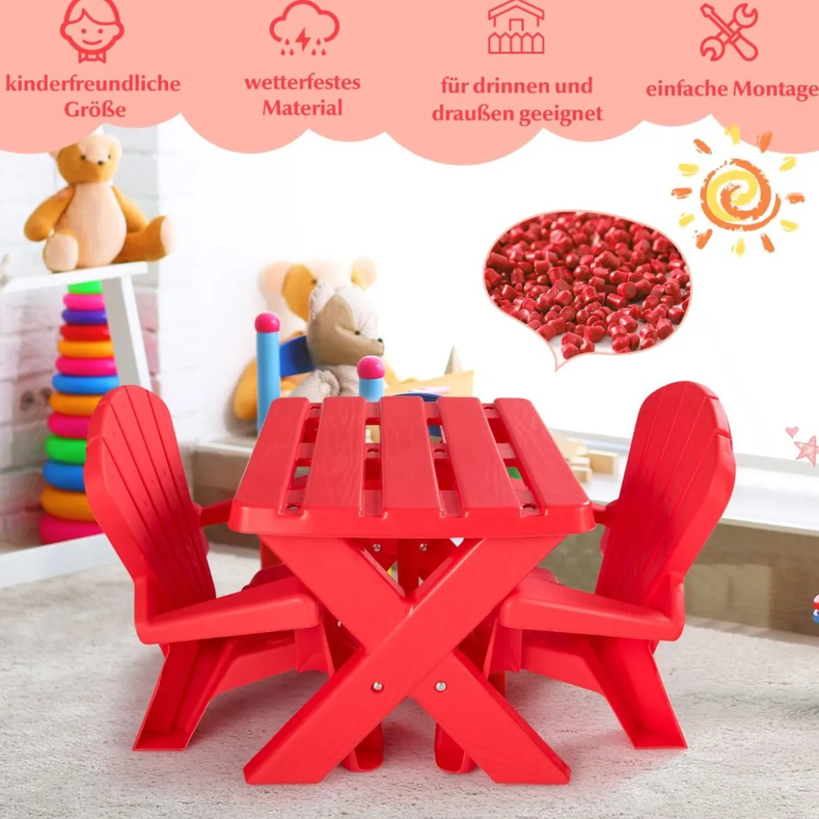 3 TLG. Kindersitzgruppe aus Kunststoff Kindertisch mit 2 Adirondack-Stühlen Rot