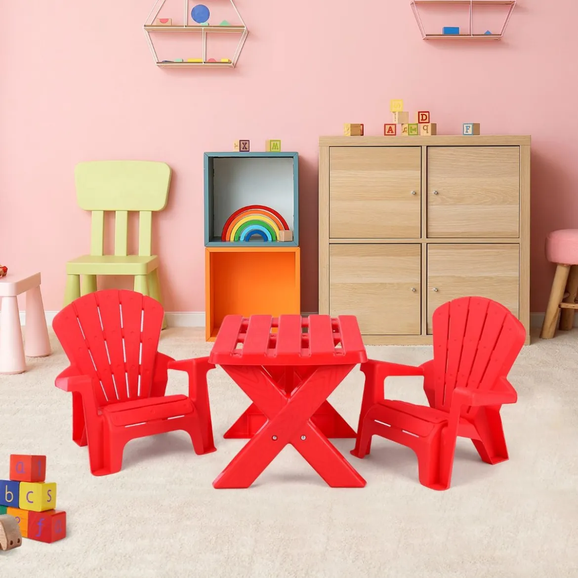 3 TLG. Kindersitzgruppe aus Kunststoff Kindertisch mit 2 Adirondack-Stühlen Rot