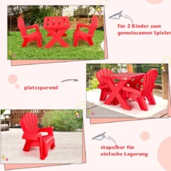 3 TLG. Kindersitzgruppe aus Kunststoff Kindertisch mit 2 Adirondack-Stühlen Rot