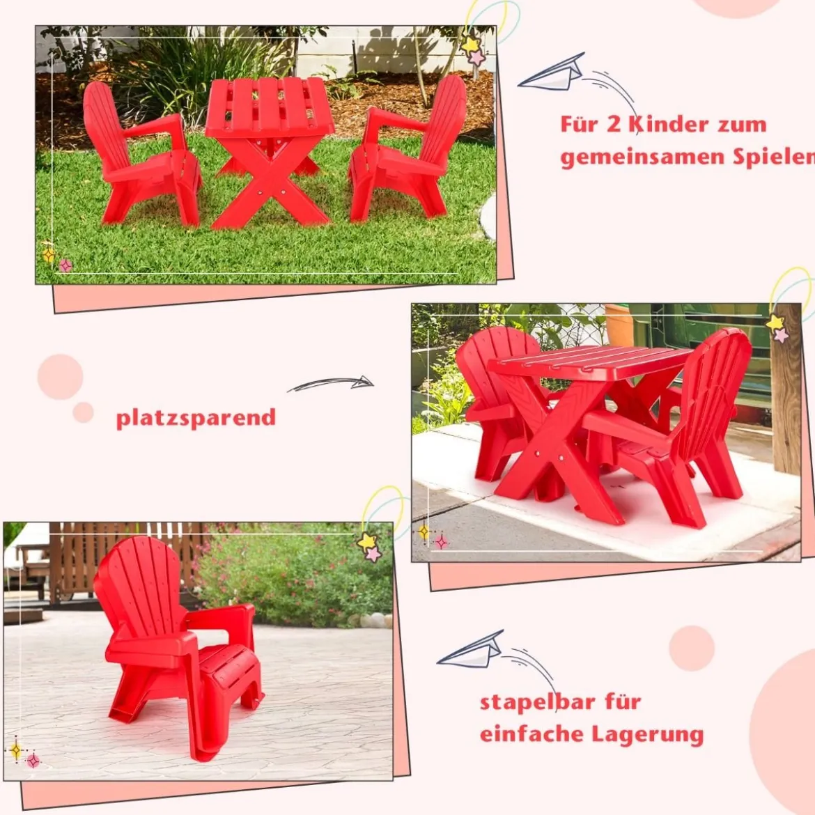3 TLG. Kindersitzgruppe aus Kunststoff Kindertisch mit 2 Adirondack-Stühlen Rot
