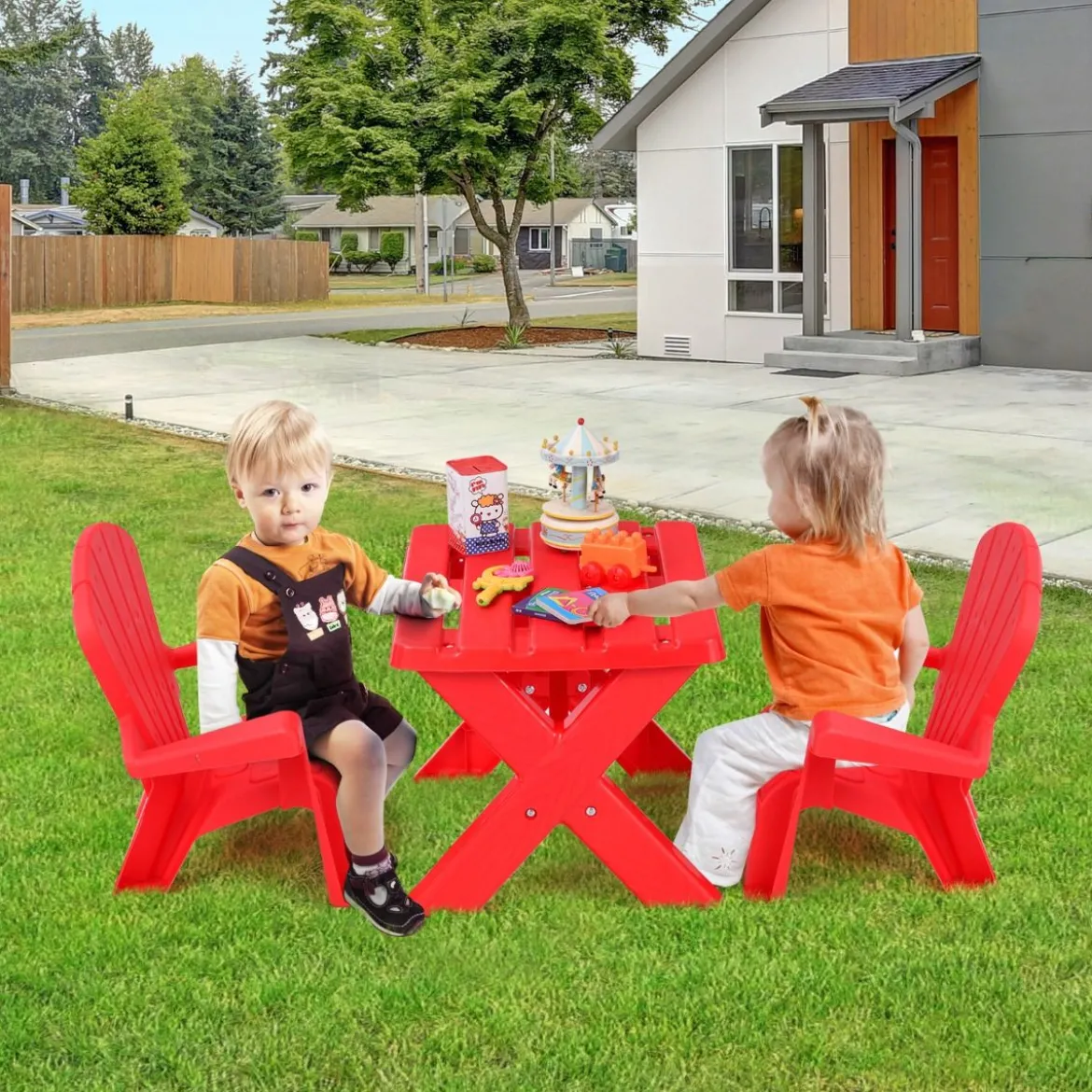 3 TLG. Kindersitzgruppe aus Kunststoff Kindertisch mit 2 Adirondack-Stühlen Rot