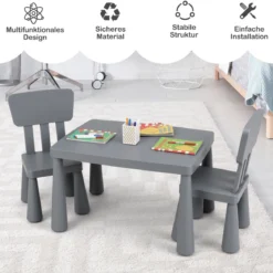 3 TLG. Kindersitzgruppe Kindertisch mit 2 Stühlen Kindermöbel aus Kunststoff Grau