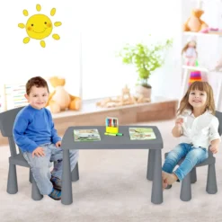 3 TLG. Kindersitzgruppe Kindertisch mit 2 Stühlen Kindermöbel aus Kunststoff Grau