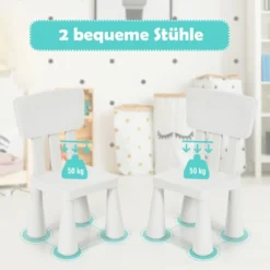 3 TLG. Kindersitzgruppe Kindertisch mit 2 Stühlen Kindermöbel aus Kunststoff Weiß