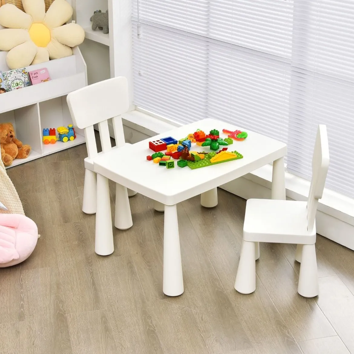 3 TLG. Kindersitzgruppe Kindertisch mit 2 Stühlen Kindermöbel aus Kunststoff Weiß