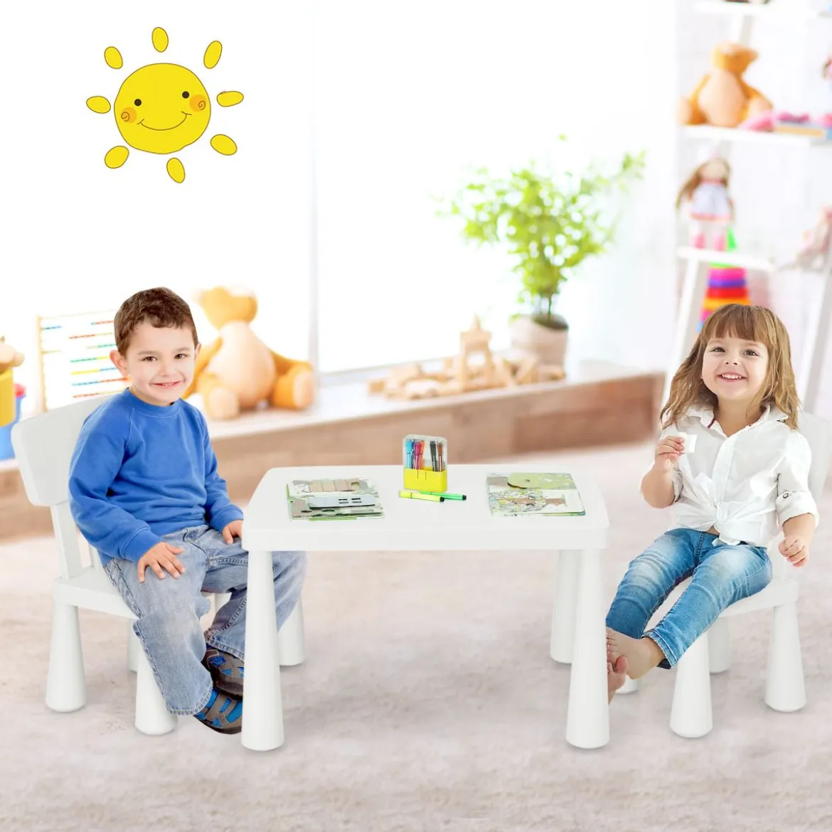 3 TLG. Kindersitzgruppe Kindertisch mit 2 Stühlen Kindermöbel aus Kunststoff Weiß