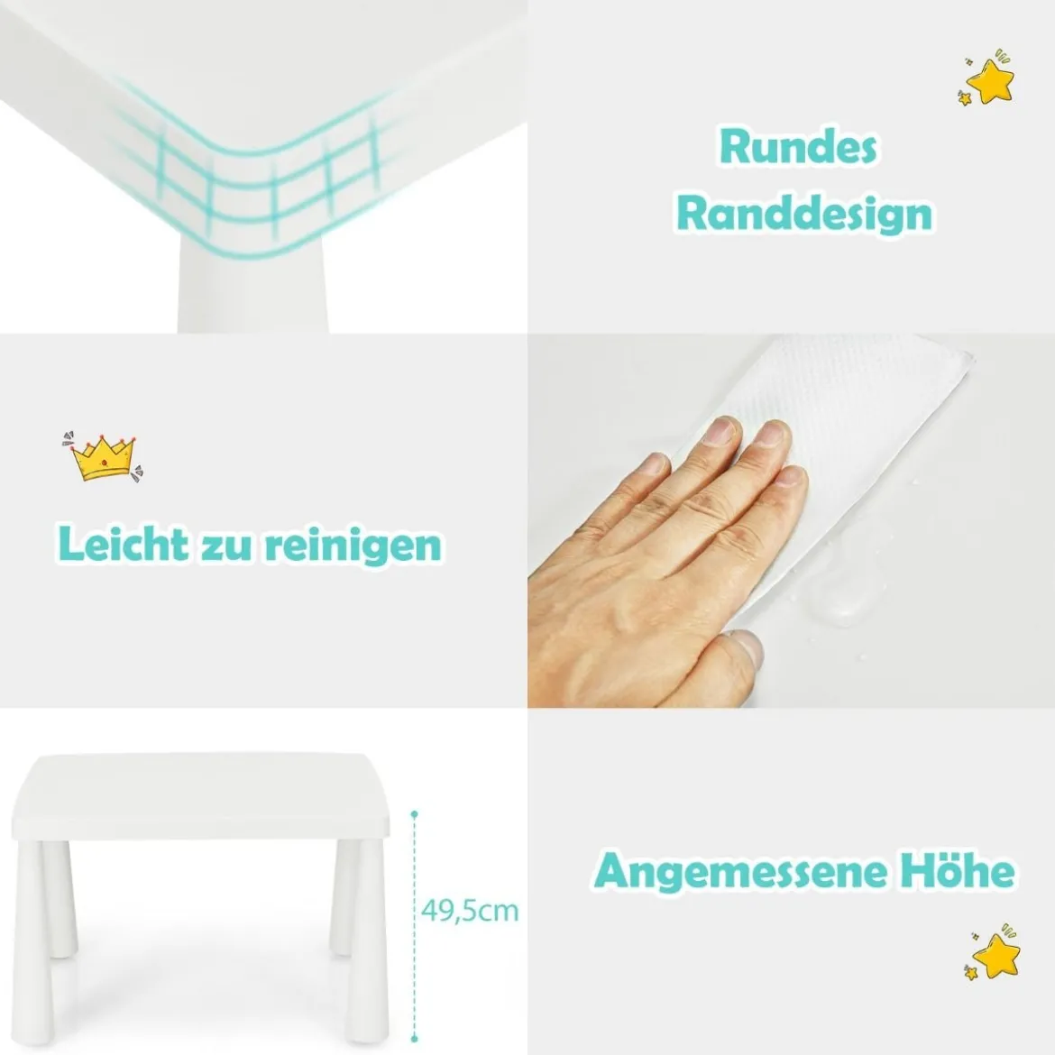 3 TLG. Kindersitzgruppe Kindertisch mit 2 Stühlen Kindermöbel aus Kunststoff Weiß