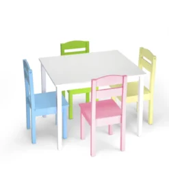 5 tlg. Kindersitzgruppe Kindertischgruppe Kindertisch mit 4 Stühlen Kiefer Farbig und Weiß