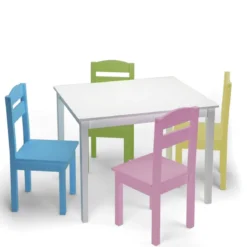 5 tlg. Kindersitzgruppe Kindertischgruppe Kindertisch mit 4 Stühlen Kiefer Farbig und Weiß