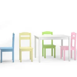 5 tlg. Kindersitzgruppe Kindertischgruppe Kindertisch mit 4 Stühlen Kiefer Farbig und Weiß