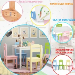5 tlg. Kindersitzgruppe Kindertischgruppe Kindertisch mit 4 Stühlen Kiefer Farbig und Weiß