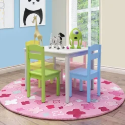 5 tlg. Kindersitzgruppe Kindertischgruppe Kindertisch mit 4 Stühlen Kiefer Farbig und Weiß