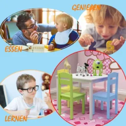 5 tlg. Kindersitzgruppe Kindertischgruppe Kindertisch mit 4 Stühlen Kiefer Farbig und Weiß