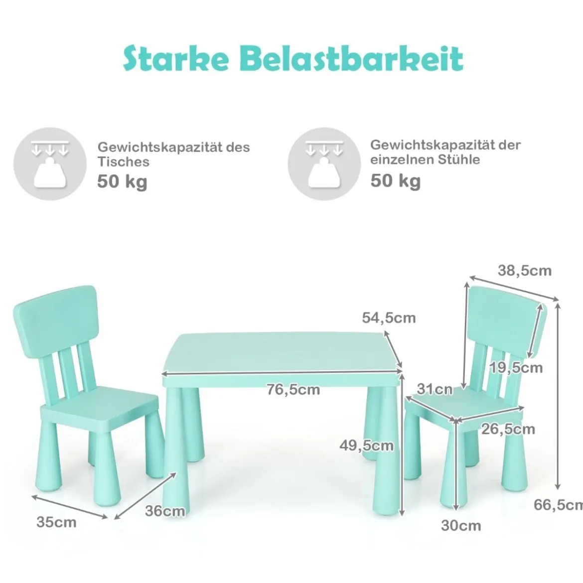 3 TLG. Kindersitzgruppe Kindertisch mit 2 Stühlen Kindermöbel aus Kunststoff Grün